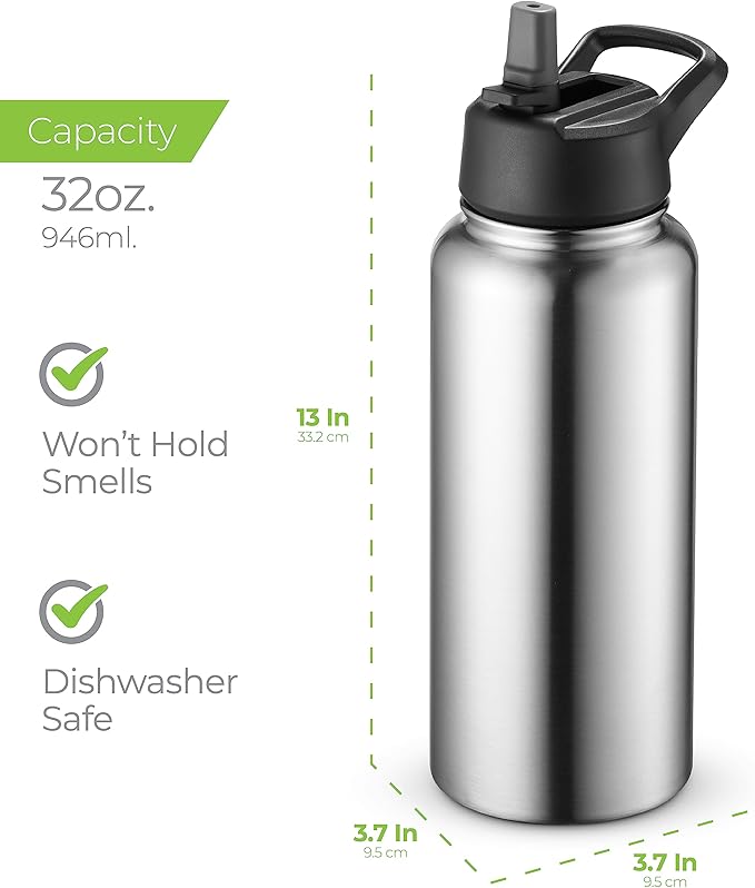 SIPX™ 32 oz Insulated Water Bottle with 3 Lids – Leakproof Stainless Steel, Triple Insulated – Cold 24 Hours/Hot 12 Hours – Durable Bottle for School, Gym, Travel – Stainless