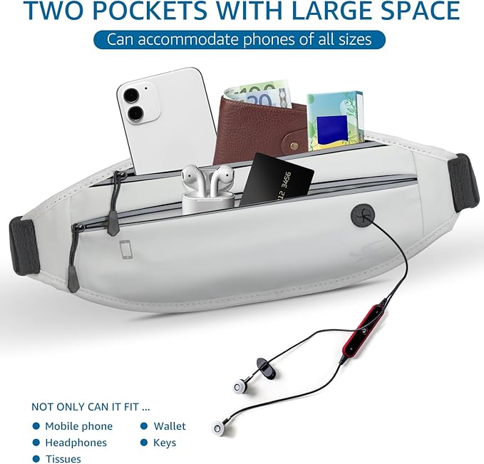 HiRui Slim Fanny Pack for Men Women, Adjustable Exercise Waist Pack Reflective Running Belt for Sports Workout Cycling Hiking, Casual Hands-Free Wallets Phone Bag Fits All Phones (White)