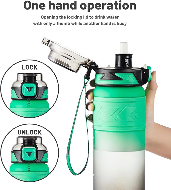 TKK Sports Water Bottles with Removable Straw 34 oz Leak-proof Flip Top Lid BPA Free Tritan Bottles with Strap for School, Fitness, Gym, Outdoor, Green-Black