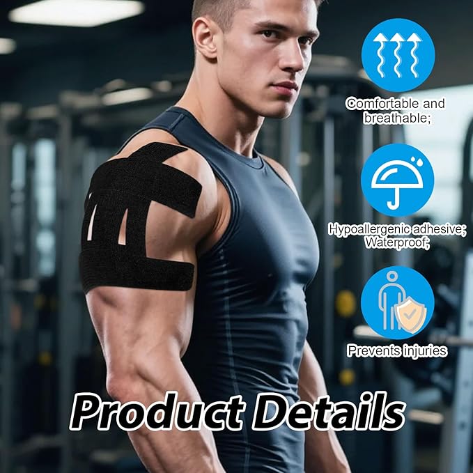 10pcs Kinesiology Tape for Shoulder, Waterproof Muscle Tape Precut Strips Breathable Elastic Pre Cut Athletic Accessories for Body Fitness Shoulder Support Sports & Physical Relaxation (Black)