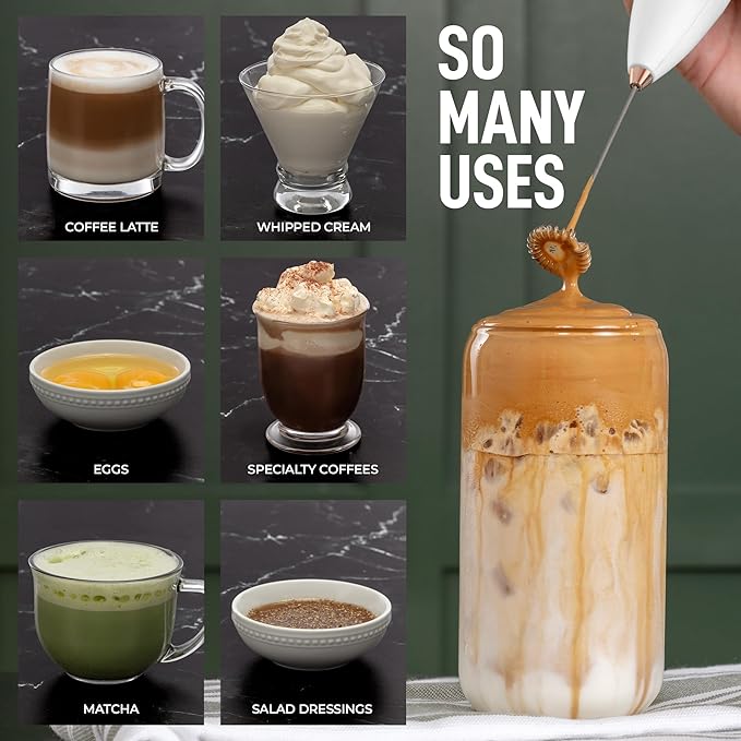 Zulay Powerful Milk Frother for Coffee with Powerful Motor - Frother Handheld Electric Whisk, Milk Foamer, Mini Mixer, Handheld Frother for Matcha, No Stand - Exec White with Rose Gold Button