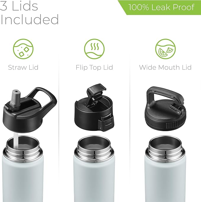 SipX™ 18 oz Insulated Water Bottle with 3 Lids – Leakproof Stainless Steel, Triple Insulated – Cold 24 Hours/Hot 12 Hours – Durable Bottle for School, Gym, Travel – Blue