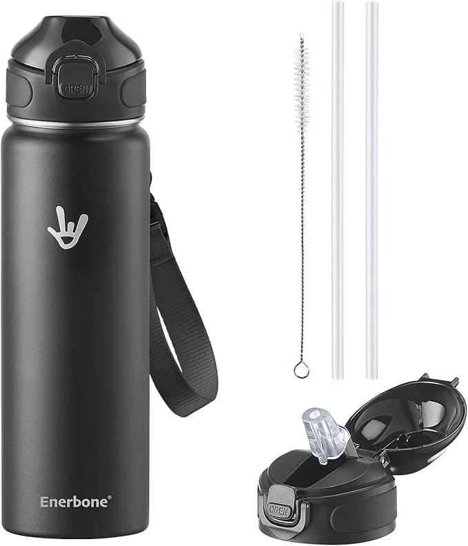 Enerbone 24 oz Insulated Water Bottle, Stainless Steel Bottle with Carrying Strap, Double-Wall Vacuum Insulation Design, Leakproof Sports Bottle with Straw, Keep Drinks Cold or Hot for Hours