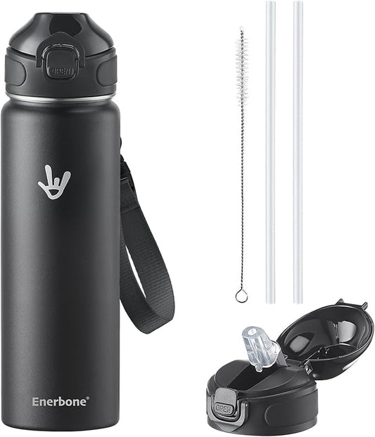 Enerbone 24 oz Insulated Water Bottle, Stainless Steel Bottle with Carrying Strap, Double-Wall Vacuum Insulation Design, Leakproof Sports Bottle with Straw, Keep Drinks Cold or Hot for Hours