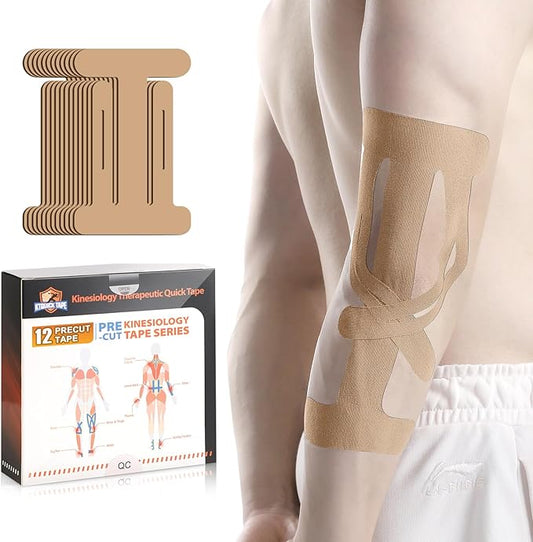 12 Count Kinesiology Tape for Elbow, Pre-Cut Waterproof KTquick Elbow Tape for Elbow Pain Relief Pre Cut, Original Cotton Athletic Tape, Durable Knee Tape for Sports and Long-Lasting Support (Beige)