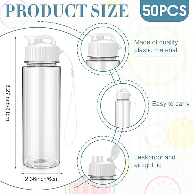 Domensi 50 Pieces Plastic Water Bottle Bulk 17 oz Sports Adults Reusable Large Water Bottles with Leak Proof Flip Top for Adults Fitness(White)
