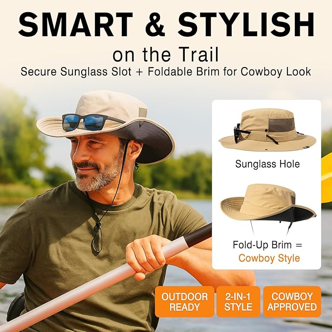 TOP-EX L/XL/XXL UV Protection Mens Sun Hat with Cooling Neck Flap Sunglass Lock Wide Brim Fishing Hats Waterproof & Packable