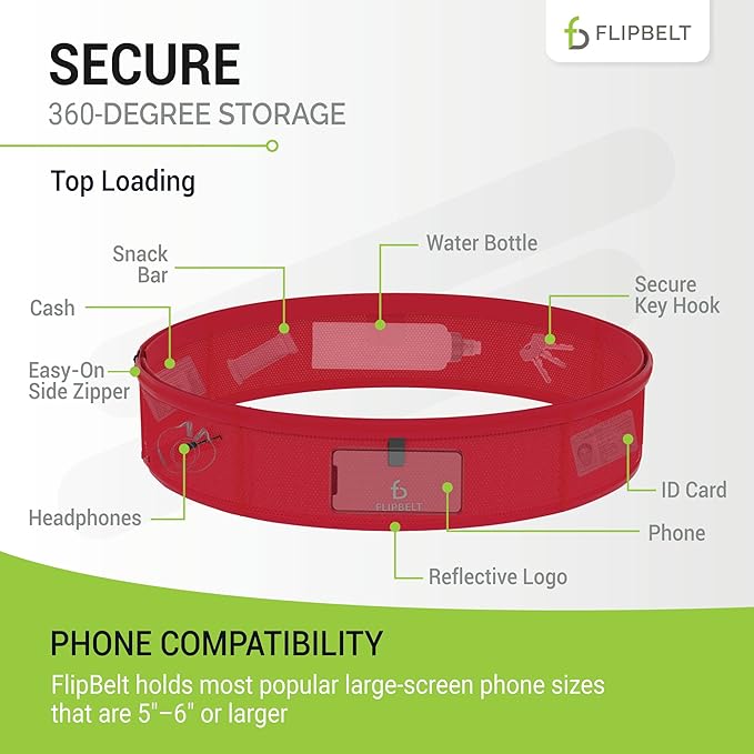 FlipBelt Lightweight Running Air Belt, Fitness and Running Fanny Pack for Women and Men, Non Chafing Waist Band Pack for Phone, Keys, Money, Moisture Wicking Storage Belt, USA Company