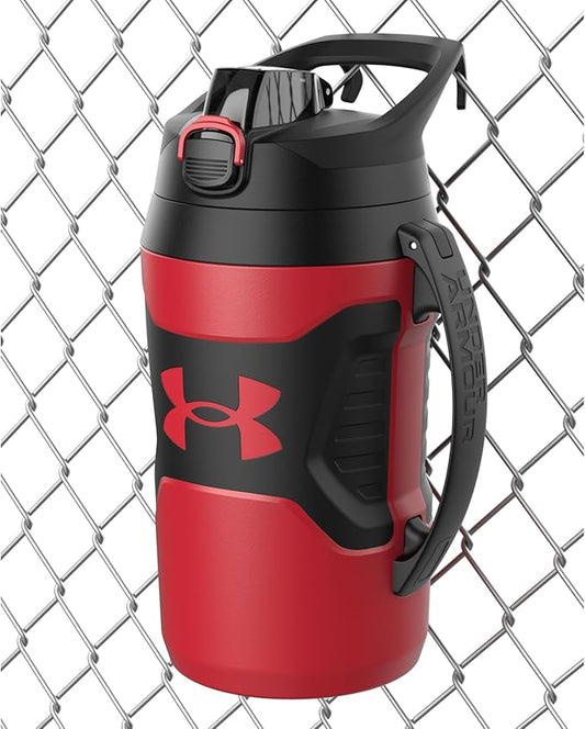 Under Armour Half Gallon Water Bottle Insulated, 64oz Insulated Water Bottle with Handle, Fence Hook, Leak Resistant, for Baseball, Football & More, Red/Black