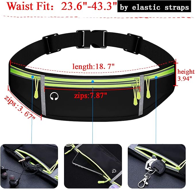 Waist pack sport running Belt Pack with adjustable Strap for running hiking travel outdoors sport (Black, 4 Pockets)