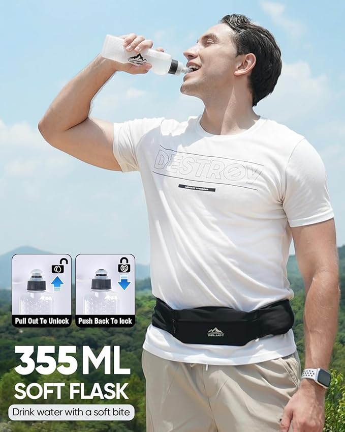 Running Belt with 355ml Water Bottle, Extension Strap & Phone Holder, Adjustable Running Fanny Pack with Gym Towel, Waterproof Belt Bag for Women Men for Jogging Hiking Marathon (Black, Medium)