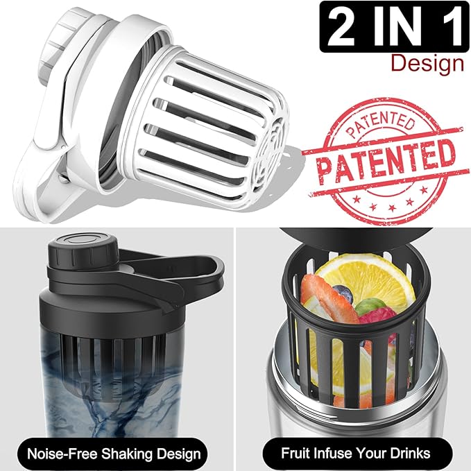 Stainless Steel Shaker Bottle with Noise-Free Design - Patented 24 oz Insulated Metal Shakers Bottles Cup for Protein Mixes and Pre Workout 100% Leak Proof (Day Night)