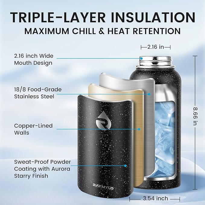 32oz Insulated Water Bottle, Triple Wall Vacuum Stainless Steel Water Bottles - Keeps Cold 48H, Reusable Metal water flask Jug for Gym, Sports, Camping, Hiking,Travel, Starry Sky-Black