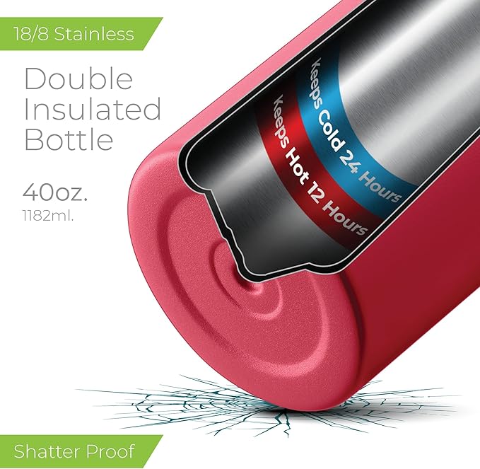 SIPX™ 40 oz Insulated Water Bottle with 3 Lids – Leakproof Stainless Steel, Triple Insulated – Cold 24 Hours/Hot 12 Hours – Durable Bottle for School, Gym, Travel – Red