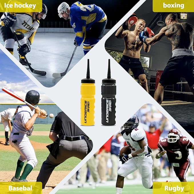 UICE Hockey Water Bottle 25.3oz 2 Pack - Leakproof Sport Water Bottles with Short/Long Nozzle Lids for Hockey/Lacrosse/Baseball/Softball/Football/Fitness,Black