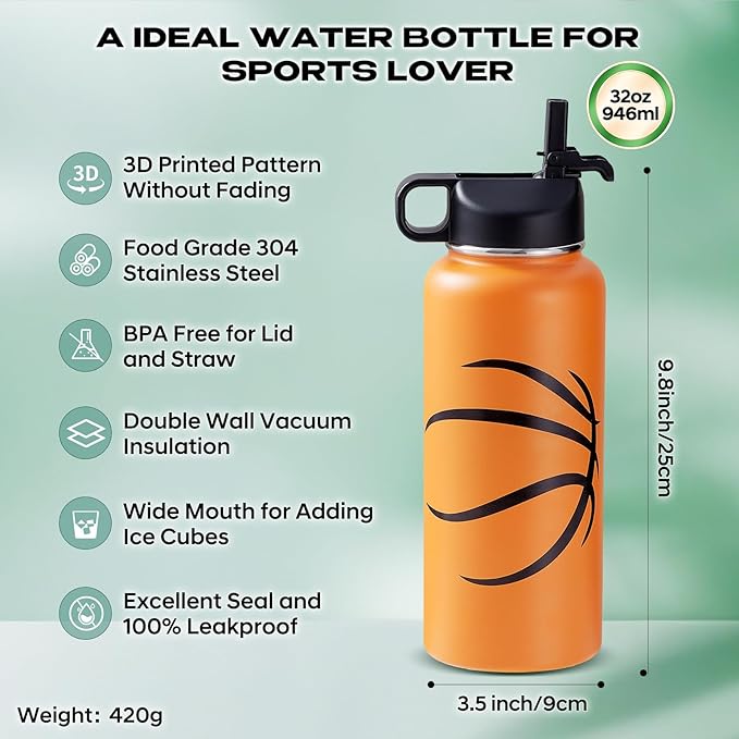 Basketball Water Bottles for Boys 32 oz and 100 PCS Basketball Stickers Sports Insulated Stainless Steel Water Bottle Basketballs Accessories Stuff Gear Gifts For 8-12 12-14 Player