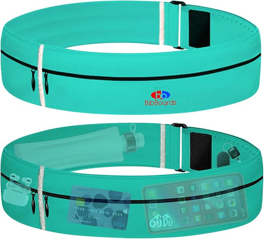 BibBoards Running Belt, Turquoise | No-Bounce, Water & Sweat-Resistant Fanny Pack for Phone, Keys, Cards | Adjustable Waist 38”-48” | Lightweight for Running, Cycling, Hiking, Marathons and Races