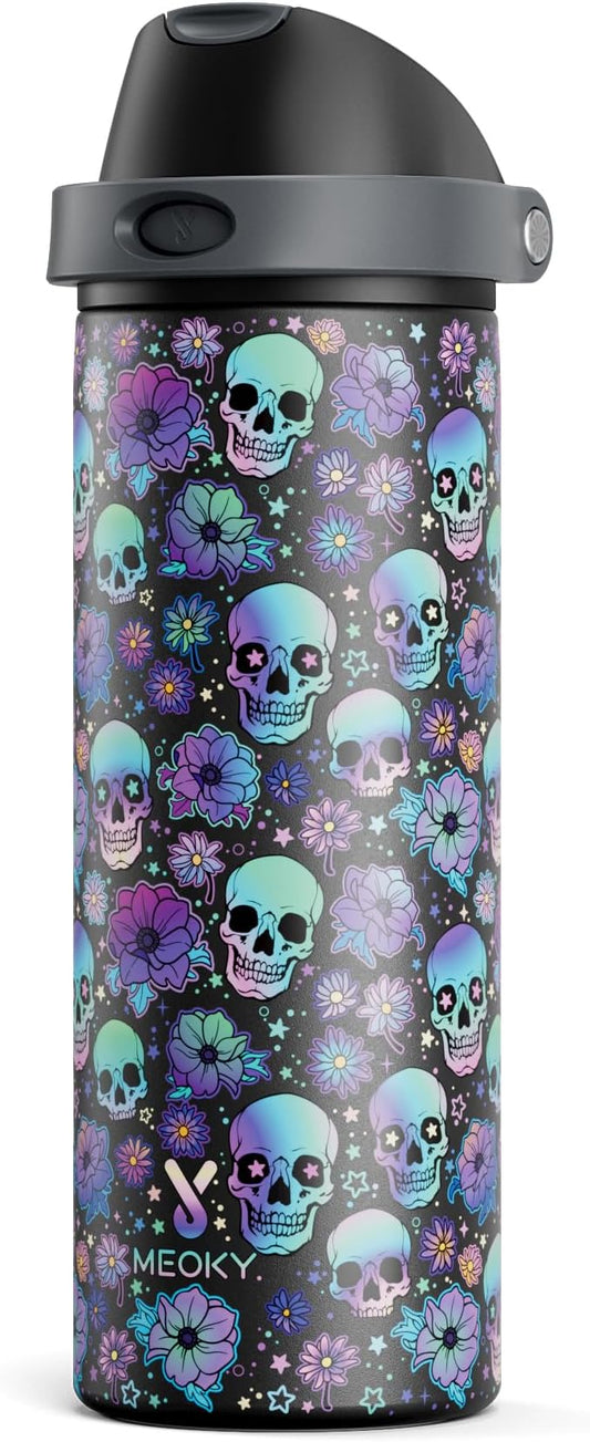 24 oz Insulated Water Bottle with Straw: Meoky Stainless Steel Water Bottle with 2-in-1 Straw and Spout Lid - Leak Proof, Fits in Car Cup Holder, BPA-Free for Travel Gym, Spooky Petals