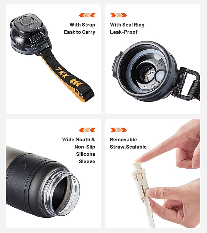 TKK Sports Water Bottles with Removable Straw 29 oz Leak-proof Flip Top Lid BPA Free Tritan Bottles with Strap for School, Fitness, Gym, Outdoor, Black-White