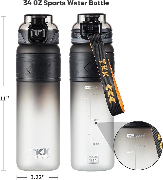 TKK Sports Water Bottles with Removable Straw 34 oz Leak-proof Flip Top Lid BPA Free Tritan Bottles with Strap for School, Fitness, Gym, Outdoor, Black-White