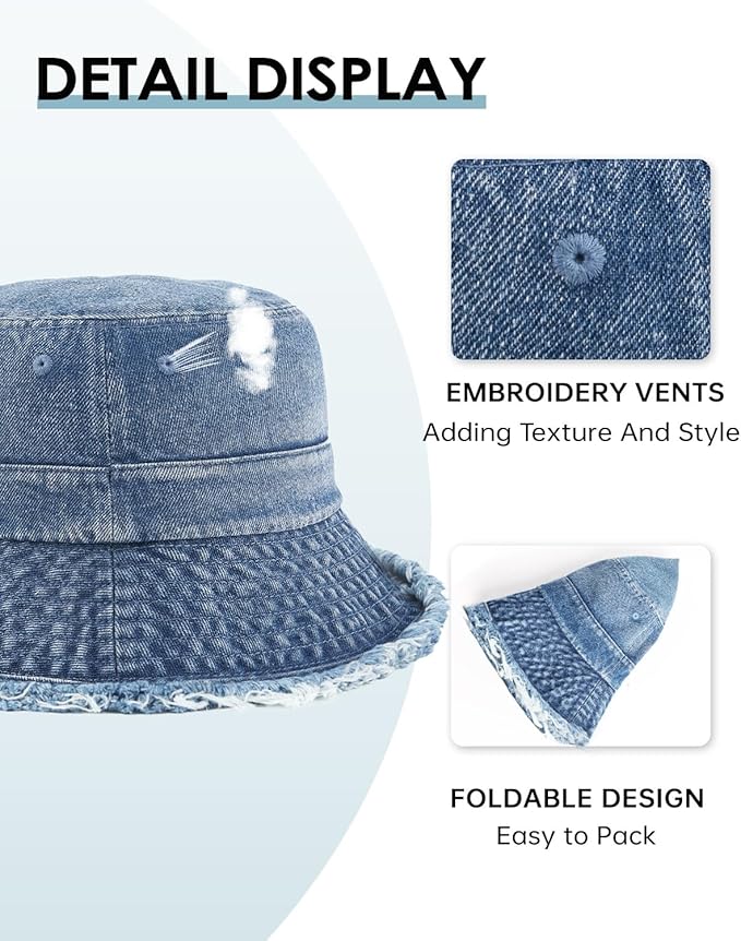 Zylioo XXL XL L M Denim Bucket Sun Hat,Oversized Jean Fisherman Hats,Adjustable Packable Summer Travel Hats
