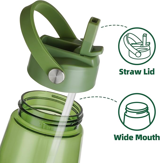 OLDLEY 32 oz Water Bottle with Straw, Leakproof Sports Water Bottle with Carry Strap, BPA-Free Large Water Bottles for Home,Travel, School, Outdoors, Gym, Tritan, Olive Green