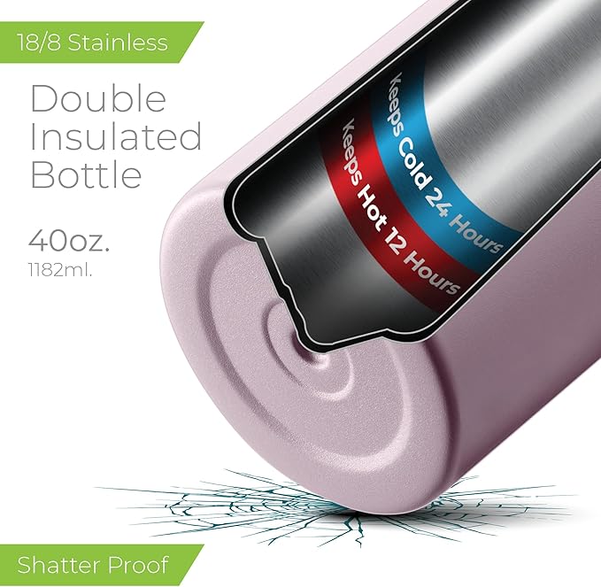 SIPX™ 40 oz Insulated Water Bottle with 3 Lids – Leakproof Stainless Steel, Triple Insulated – Cold 24 Hours/Hot 12 Hours – Durable Bottle for School, Gym, Travel – Purple