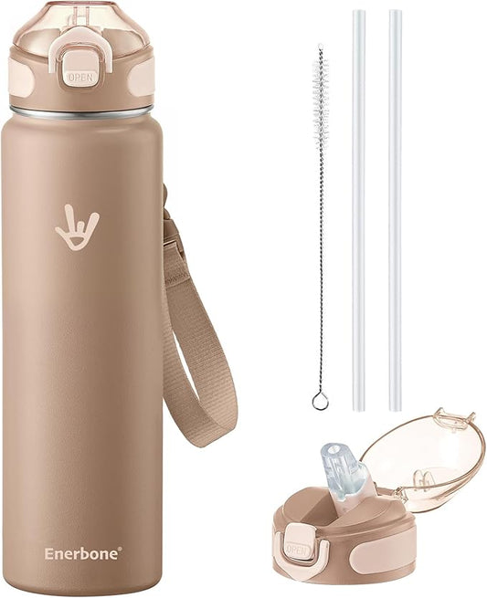 Enerbone 32 oz Insulated Water Bottle, Stainless Steel Bottle with Carrying Strap, Double-Wall Vacuum Insulation Design, Leakproof Sports Bottle with Straw, Keep Drinks Cold or Hot for Hours