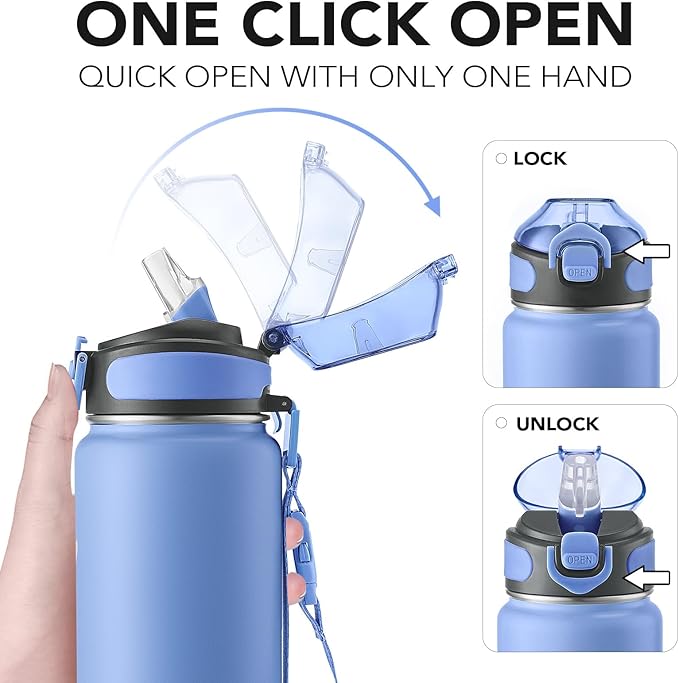 Enerbone 32 oz Insulated Water Bottle, Stainless Steel Bottle with Carrying Strap, Double-Wall Vacuum Insulation Design, Leakproof Sports Bottle with Straw, Keep Drinks Cold or Hot for Hours