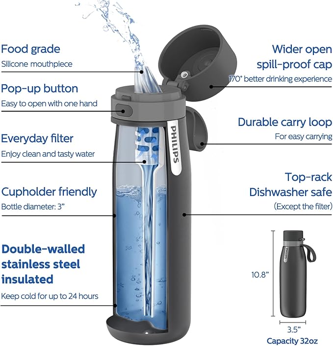 PHILIPS Water Bottle with Filter, Filter Water Bottle Stainless Steel with GoZero Everyday BPA-Free Tap Water Filter, Water Filter Bottle Keep Drink Cold 24 Hours, 1 Filter for 40 gal / 2 Months