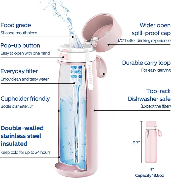 PHILIPS Water Bottle with Filter, Filter Water Bottle Stainless Steel with GoZero Everyday BPA-Free Tap Water Filter, Water Filter Bottle Keep Drink Cold 24 Hours, 1 Filter for 40 gal / 2 Months
