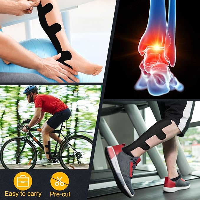 30 Pcs Achilles Tendonitis Kinesiology Tape Precut Achilles Tendon Ankle Tape Latex Free for Sprained Ankle Relief Muscle Support Foot Pain Athletic Sport(Black)