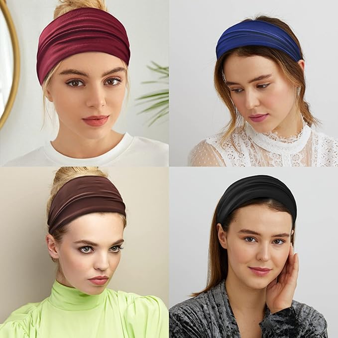 12 Pack Wide Headbands for Women No slip Stretchy Boho Hair Bands, Soft Elastic Yoga Workout Running Thick Wicking Sweat Bands Solid colors Head Wrap