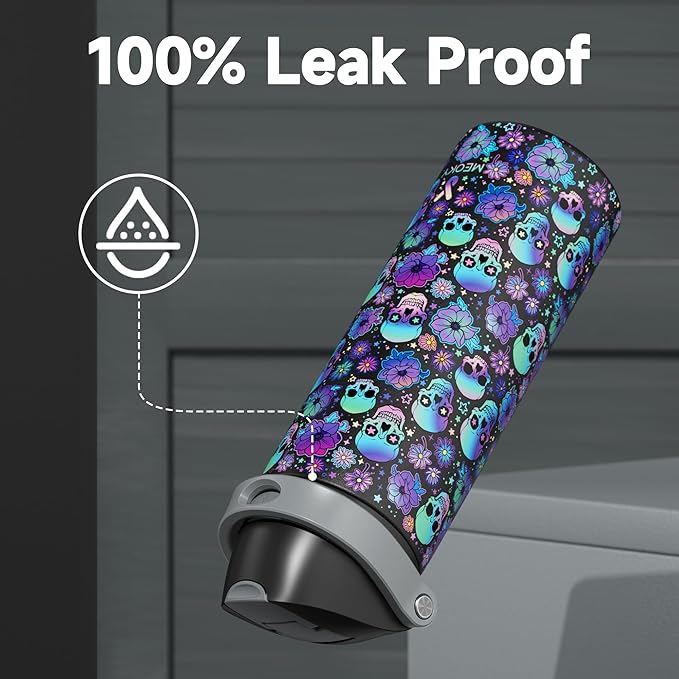 24 oz Insulated Water Bottle with Straw: Meoky Stainless Steel Water Bottle with 2-in-1 Straw and Spout Lid - Leak Proof, Fits in Car Cup Holder, BPA-Free for Travel Gym, Spooky Petals