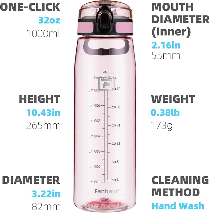 Fanhaw 32 oz Tritan Water Bottle with Chug Lid - Clear, BPA-Free, Lightweight, Wide Mouth, Leak-Proof, Perfect for Gym, Travel, School, Office, and Sports (Cherry Blossom)