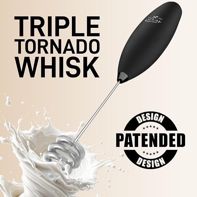 Zulay Kitchen Tornado Whisk Milk Frother with 4 AA Duracell Batteries - Triple Whisk for More Power - Handheld Coffee Frother with Stand - Drink Mixer for Lattes, Matcha & Protein Shakes
