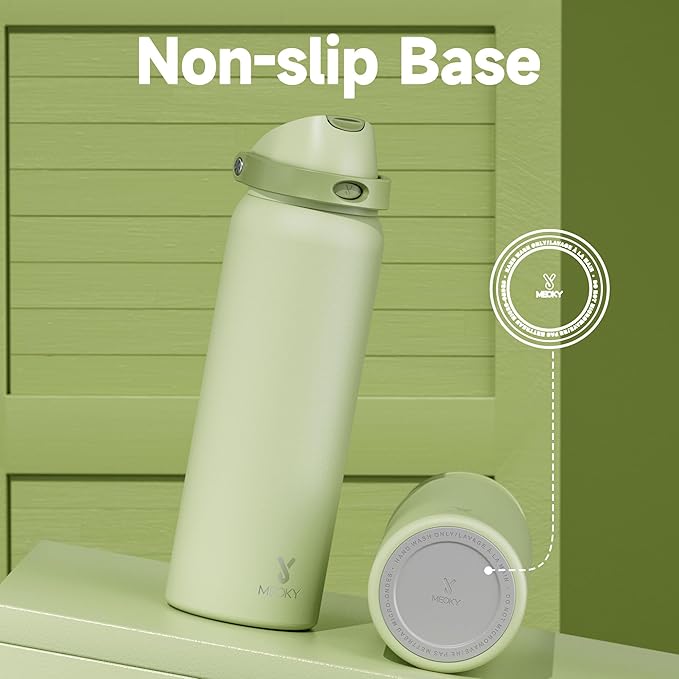 40 oz Insulated Water Bottle with Straw: Meoky Stainless Steel Metal Water Bottle with 2-in-1 Lid - Leak Proof, Cold for 24 Hours, Protective Silicone Base, BPA-Free for Sports Gym, Sage