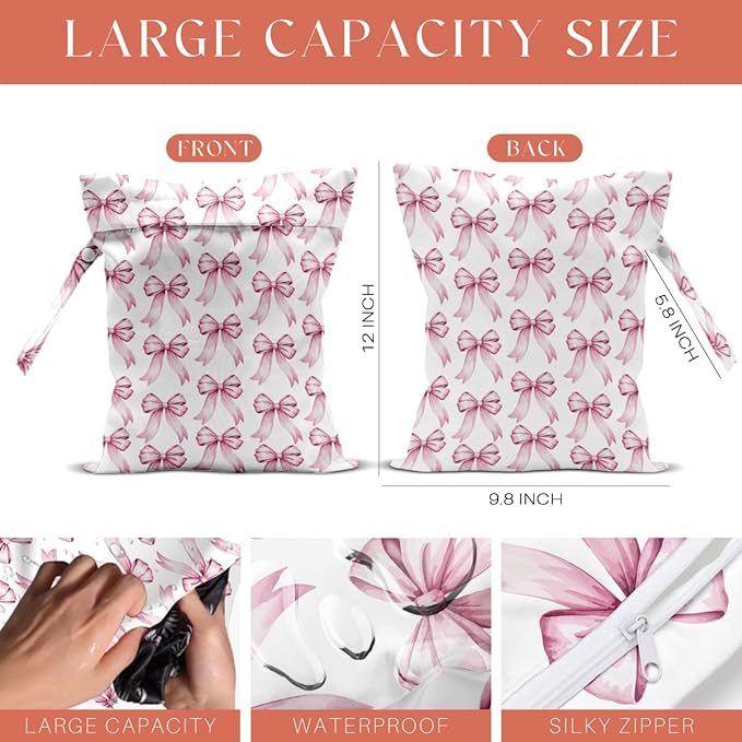 4 Pack Cute Pink Blue Bow Watercolor Leopard Bow Wet Bag Waterproof Reusable Wet Dry Bag for Swimsuit Dirty Clothes Diaper Beach Pool Gym Party Camping Toiletries Gift for Women Mom Birthday Christmas