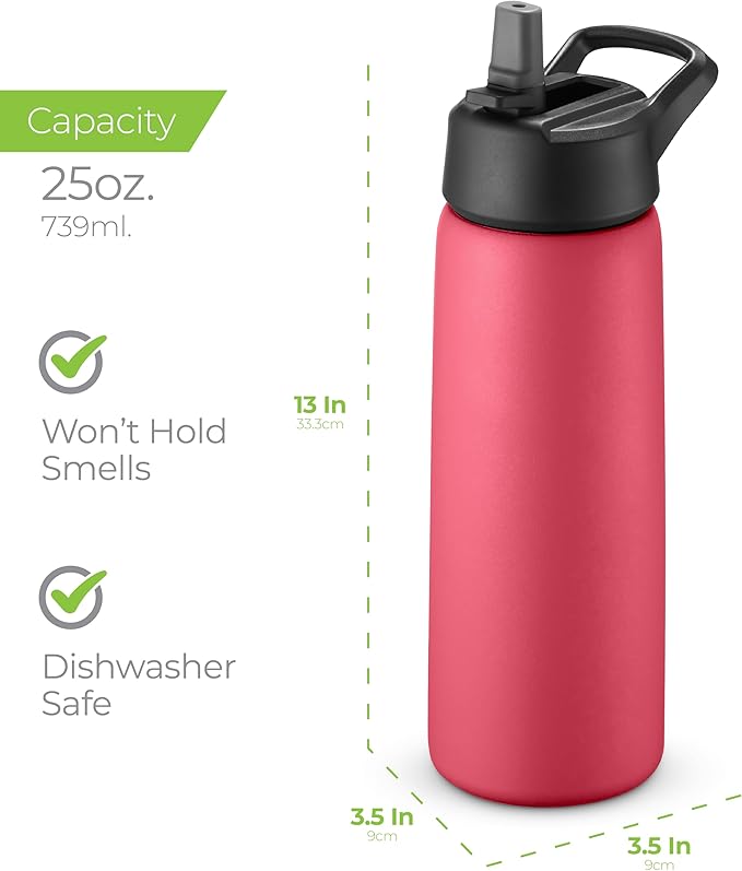 SIPX™ 25 oz Insulated Water Bottle with 3 Lids – Leakproof Stainless Steel, Triple Insulated – Cold 24 Hours/Hot 12 Hours – Durable Bottle for School, Gym, Travel – Red