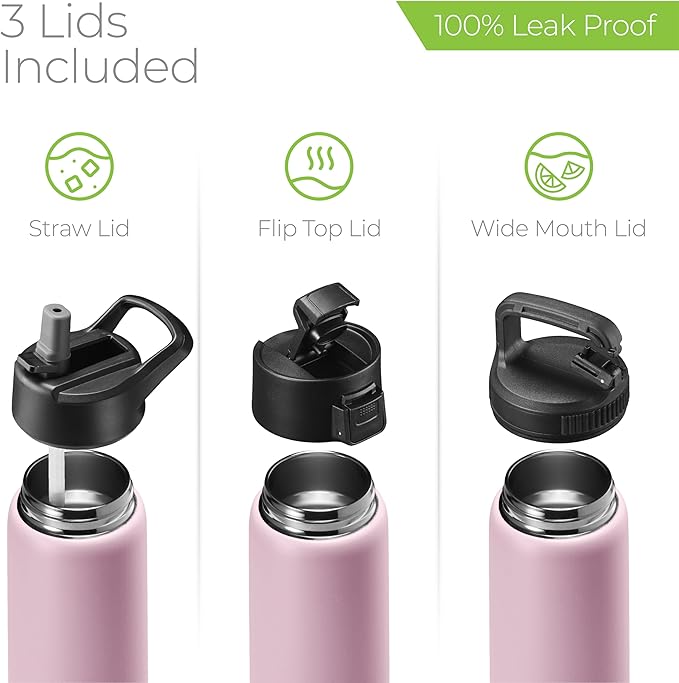 SIPX™ 25 oz Insulated Water Bottle with 3 Lids – Leakproof Stainless Steel, Triple Insulated – Cold 24 Hours/Hot 12 Hours – Durable Bottle for School, Gym, Travel – Light Pink