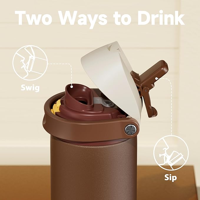 24 oz Insulated Water Bottle with Straw: Meoky Stainless Steel Metal Water Bottle with 2-in-1 Lid - Leak Proof, Cold for 24 Hours, Fits in Car Cup Holder, BPA-Free for Travel Sports Gym, Cocoa