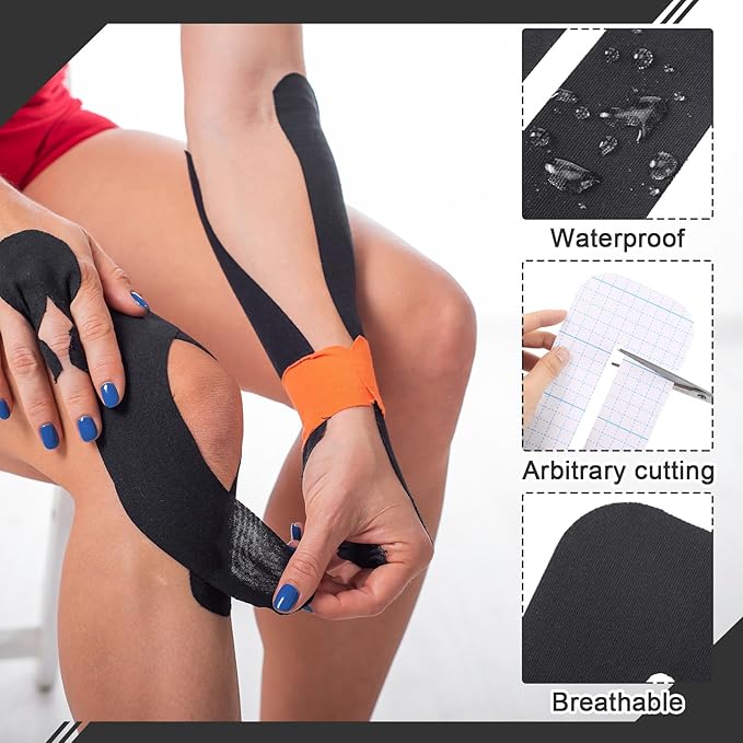 12 Pcs Precut Kinesiology Tape for Knees Waterproof Sport Knee Tape Elastic Breathable Latex-Free Athletic Tape Knee Pain Relief Tape for Knee Tendons Support Strips Fitness(Black)