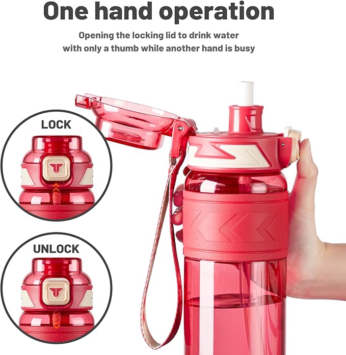 TKK Sports Water Bottles with Removable Straw 34 oz Leak-proof Flip Top Lid BPA Free Tritan Bottles with Strap for School, Fitness, Gym, Outdoor, Red
