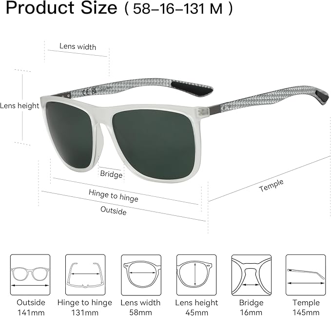 ZENOTTIC Square Polarized Sunglasses for Men Ultralight Carbon Fiber Sun Glasses Driving Fishing Golf Sports UV400 Protection