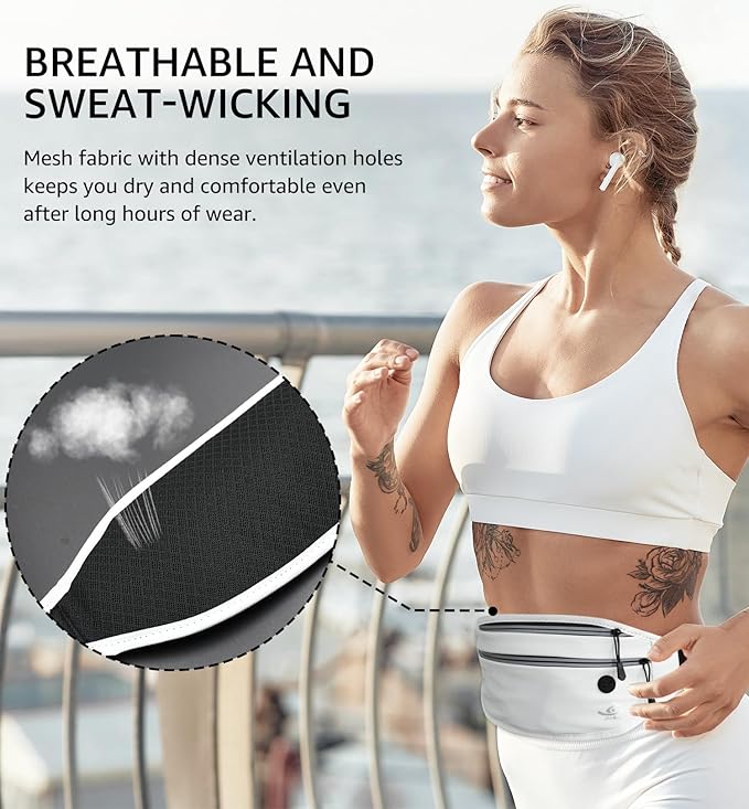 HiRui Slim Fanny Pack for Men Women, Adjustable Exercise Waist Pack Reflective Running Belt for Sports Workout Cycling Hiking, Casual Hands-Free Wallets Phone Bag Fits All Phones (White)