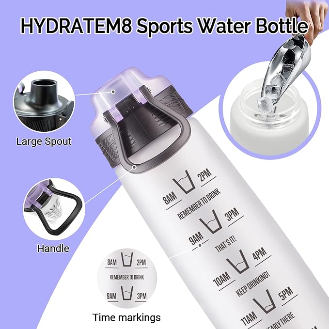 HYDRATEM8 - Active Motivational Sports Water Bottle with Time Markings, BPA Free, Drinks Bottle, 32oz - Frosted