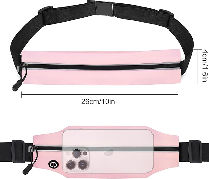Slim Running Belt For Men and Women Waist Fanny Pack Phone Holder Pouch Bag Reflective Zipper Pocket Workout Cycling Fitness Light Pink