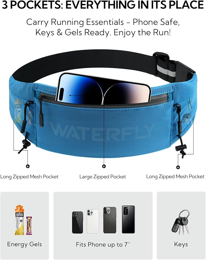 WATERFLY Running Belt Fanny Pack: Breathable 3 Pocket Waist Bag for Men Women Workout Exercise Fitness Phone Holder Fits All Phones - Runner Marathon Jogging Race Belt with Bib Clip Blue