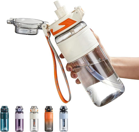 TKK Sports Water Bottles with Removable Straw 29 oz Leak-proof Flip Top Lid BPA Free Tritan Bottles with Strap for School, Fitness, Gym, Outdoor, White