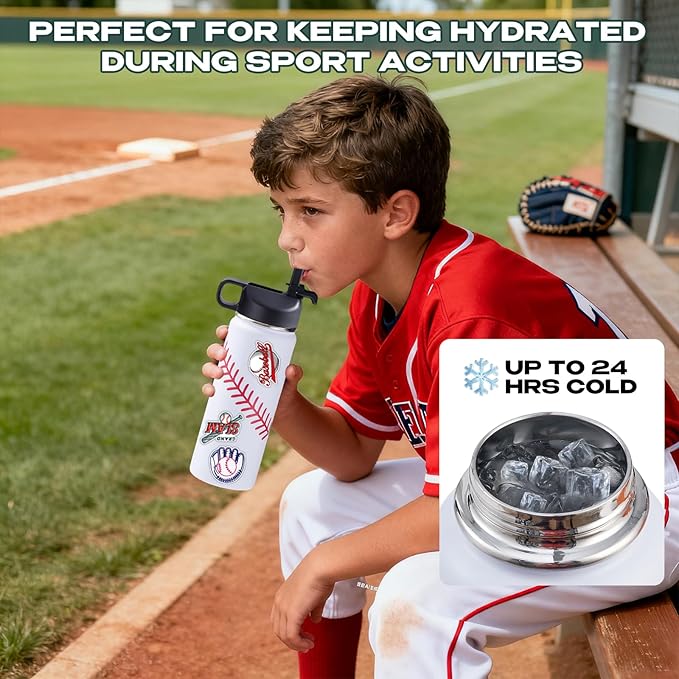 Baseball Water Bottles for Boys 18 oz and 100 PCS Baseball Stickers Sports Insulated Stainless Steel Water Bottle Baseballs Accessories Stuff Gear Gifts For 8-12 12-14 Player